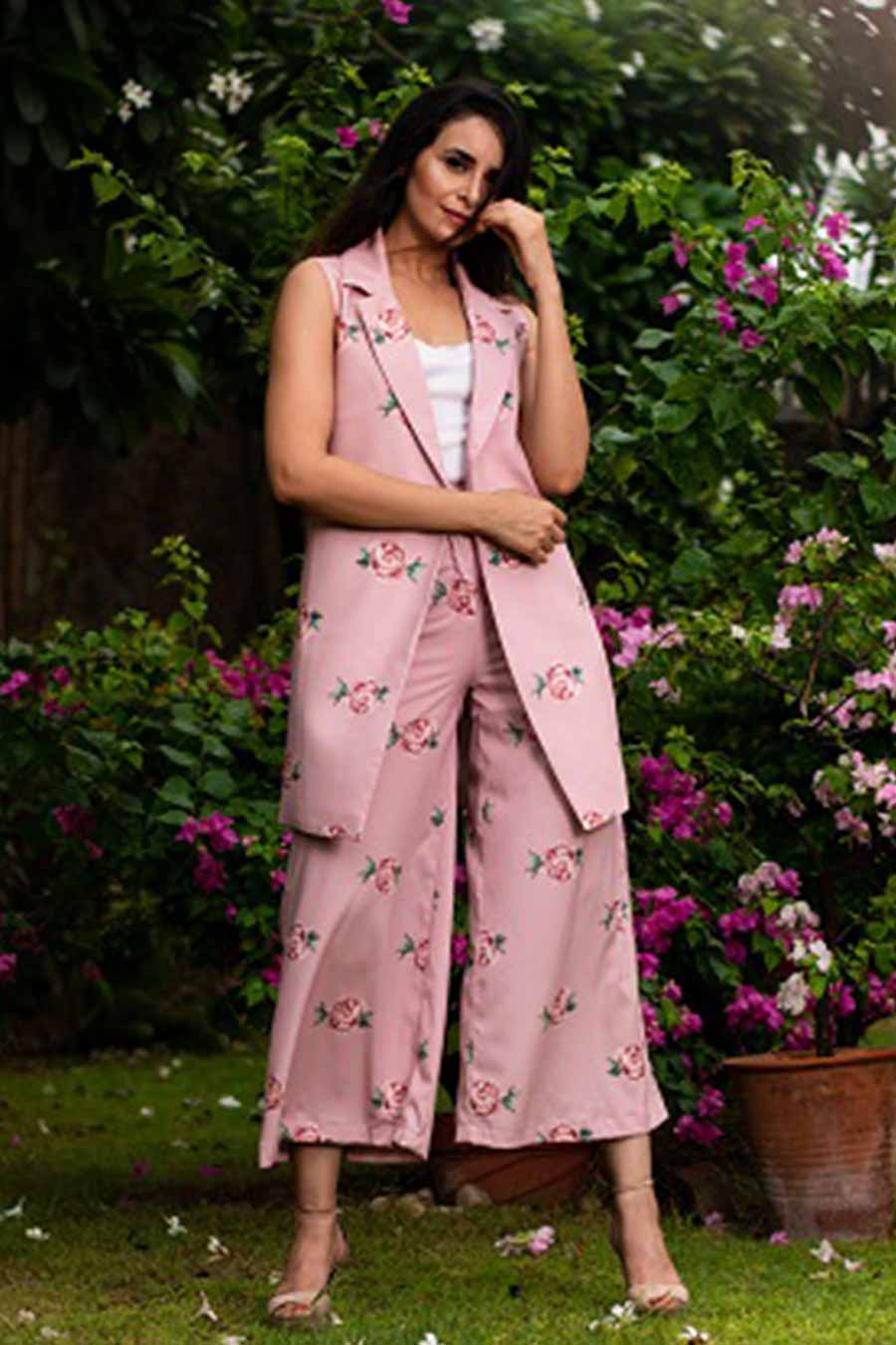 Pink Floral Print Pant Suit Set