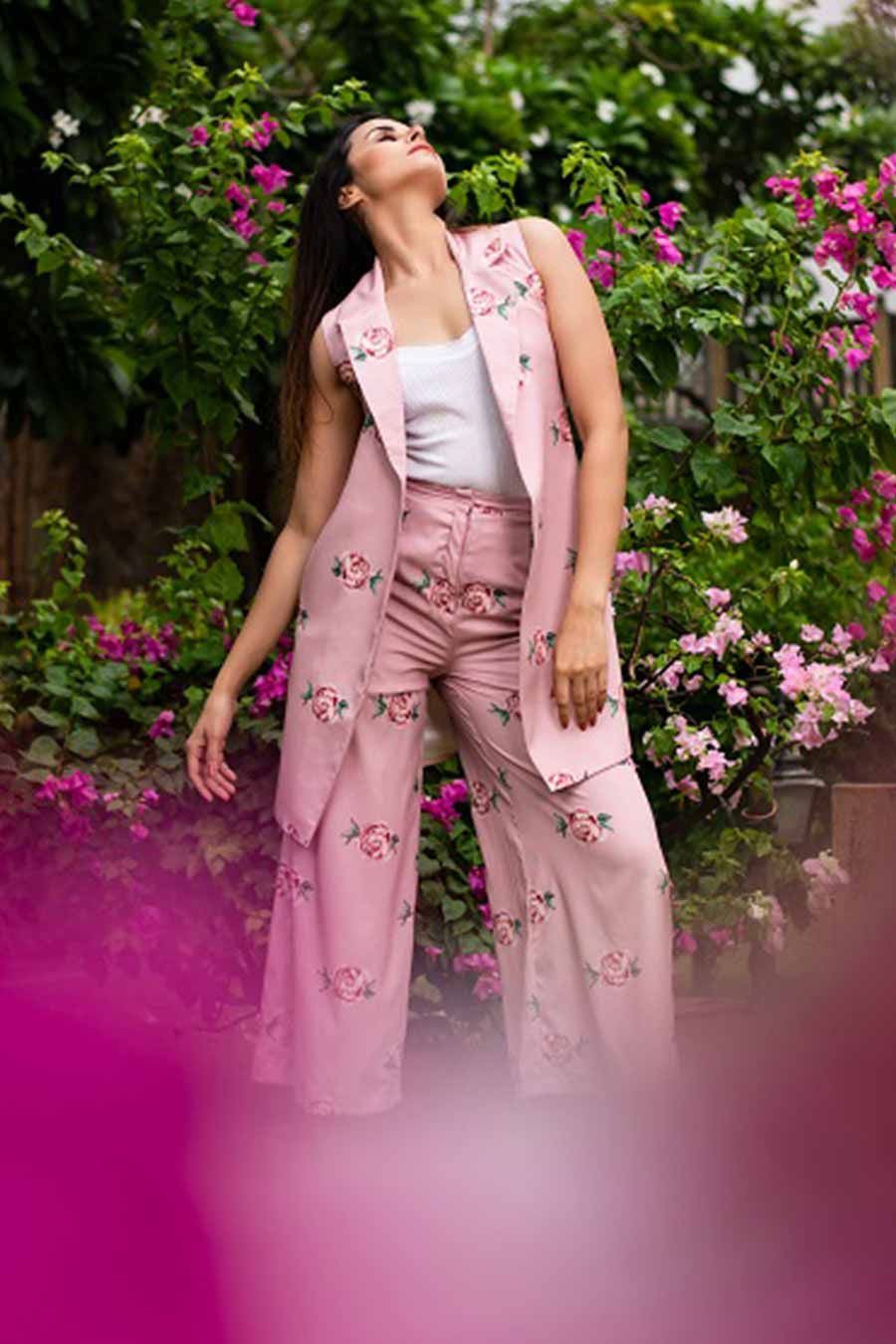 Pink Floral Print Pant Suit Set