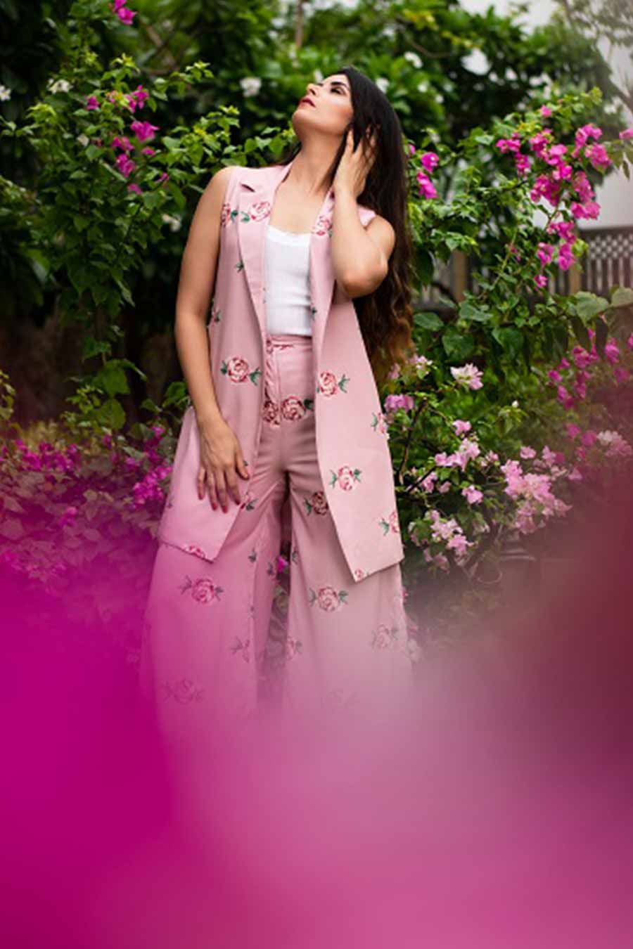 Pink Floral Print Pant Suit Set