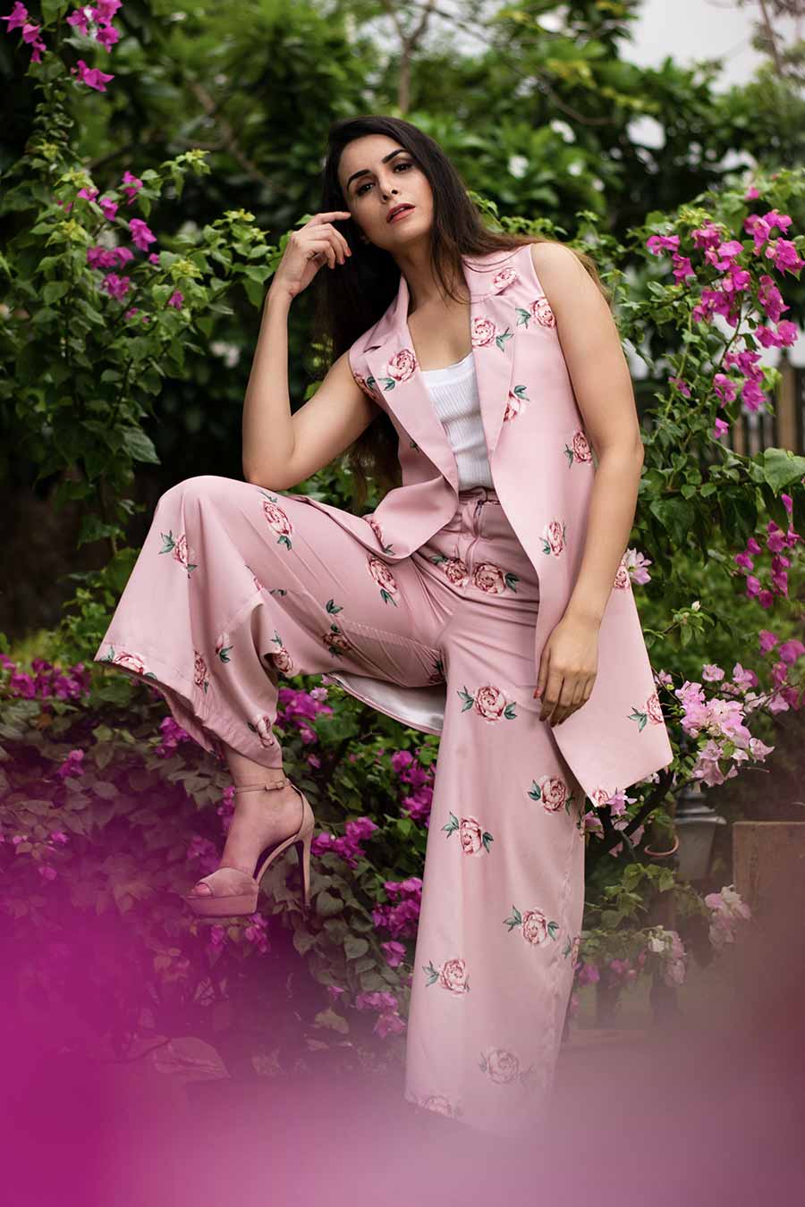Pink Floral Print Pant Suit Set