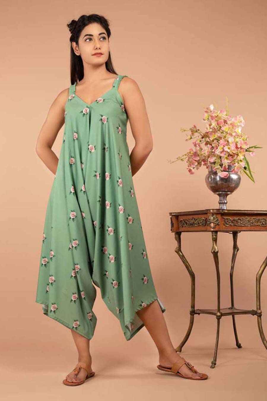 Green Floral Print Strap Jumpsuit