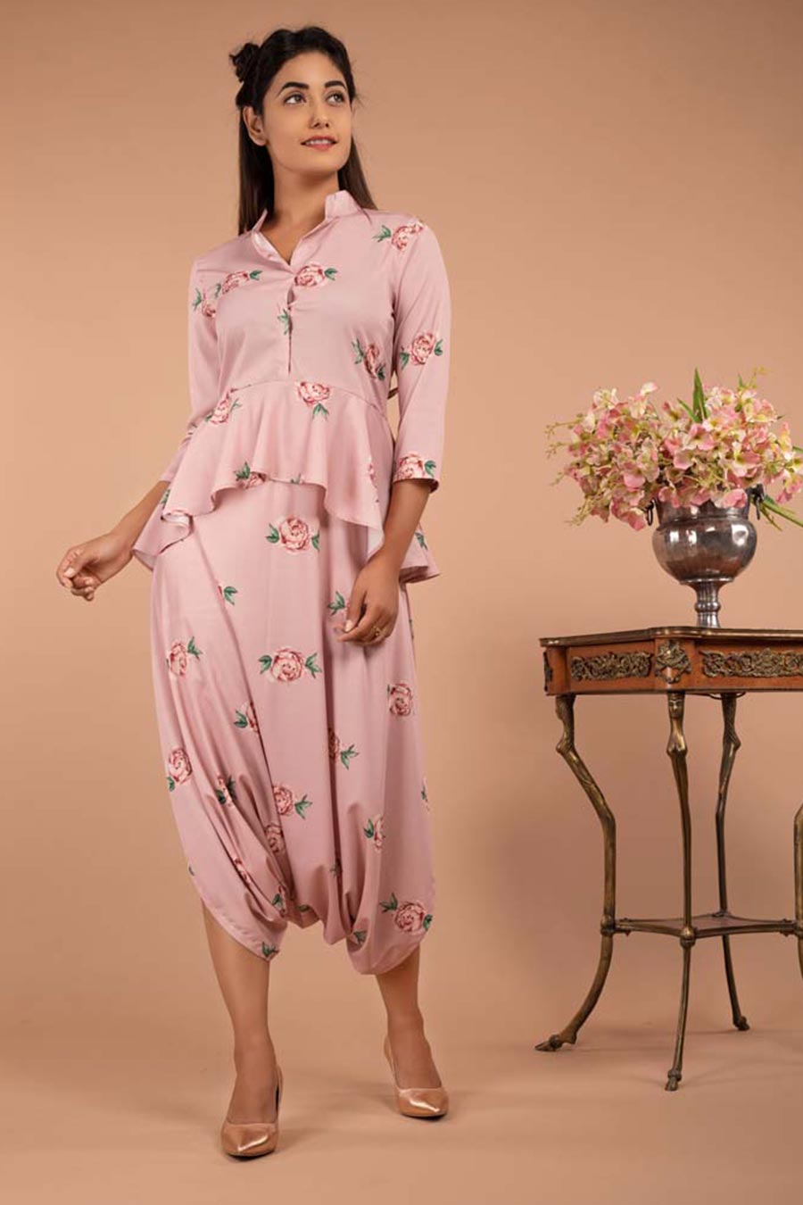 Pink Floral Print Peplum Dhoti Jumpsuit