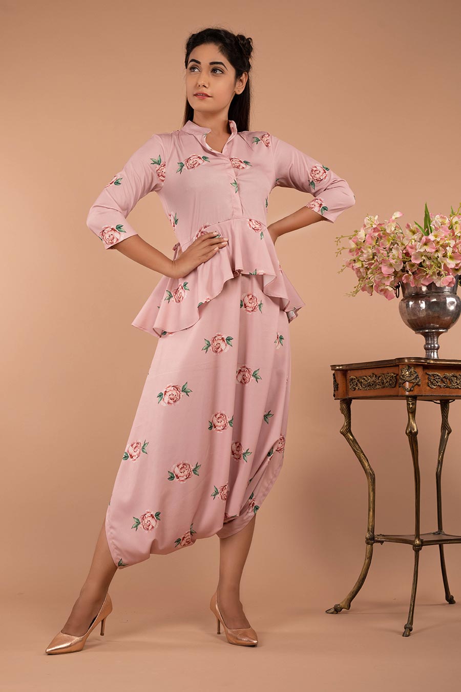 Pink Floral Print Peplum Dhoti Jumpsuit