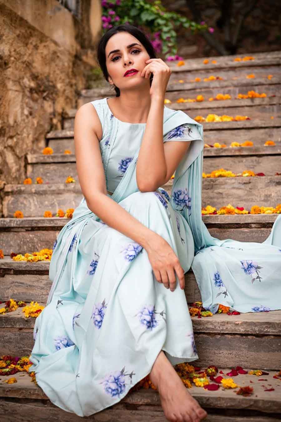 Blue Floral Print Saree & Blouse Set