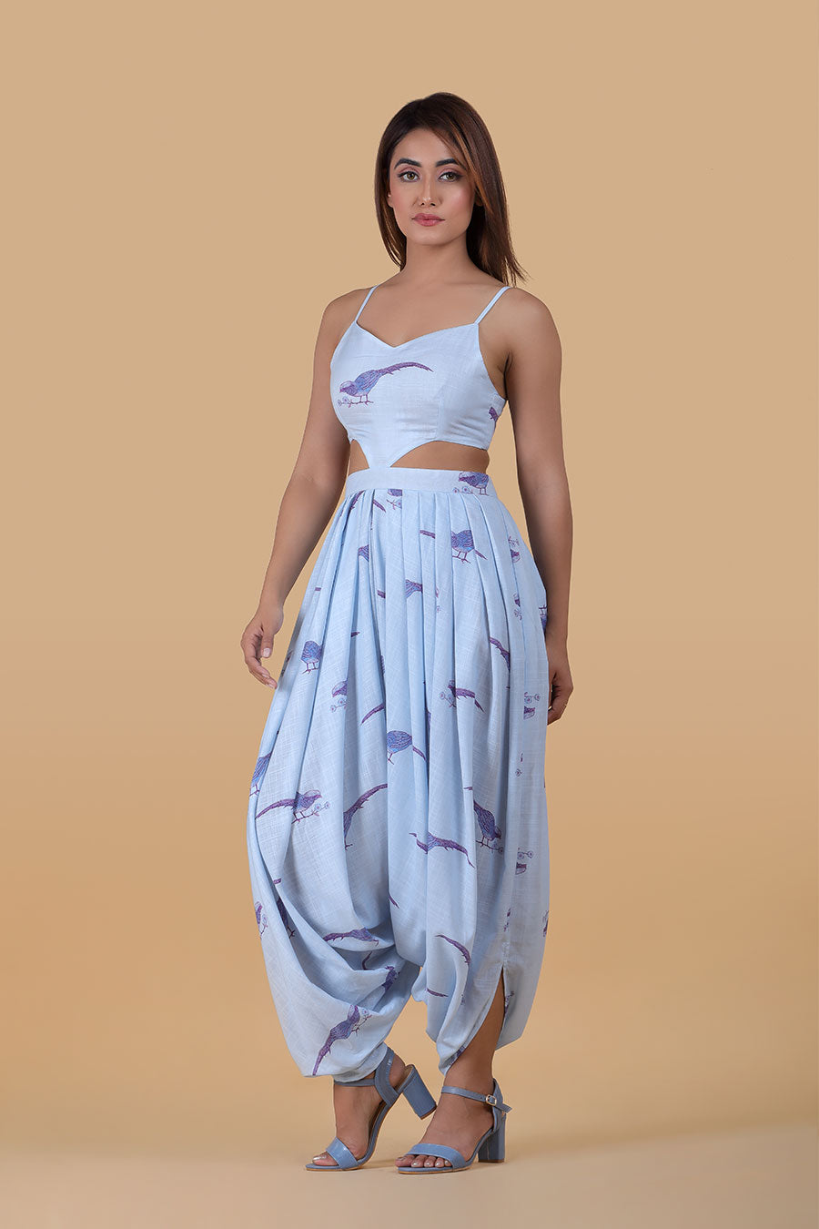 Cyan Blue Side Cut Printed Jumpsuit