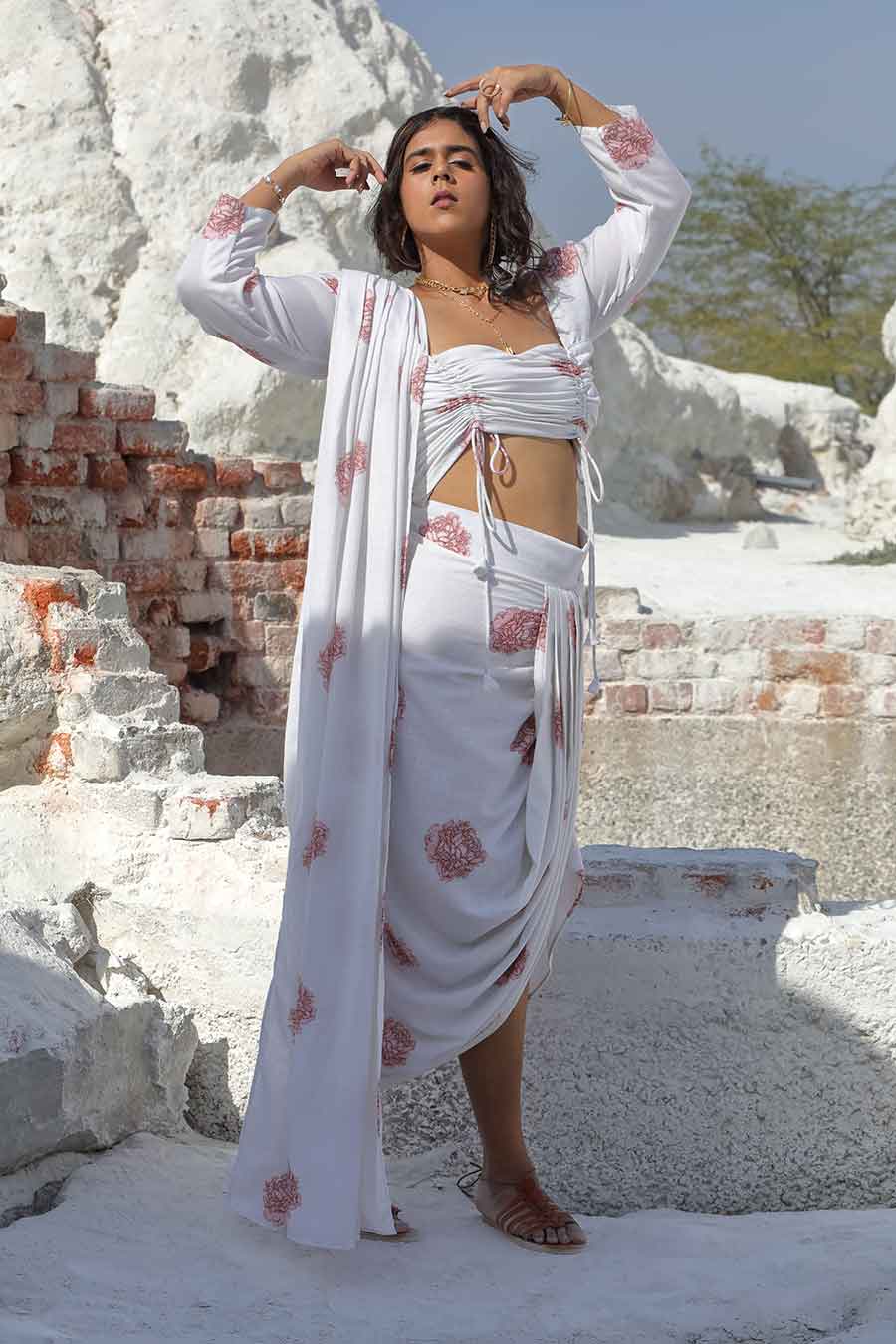 White Printed Lungi Saree & Top Set