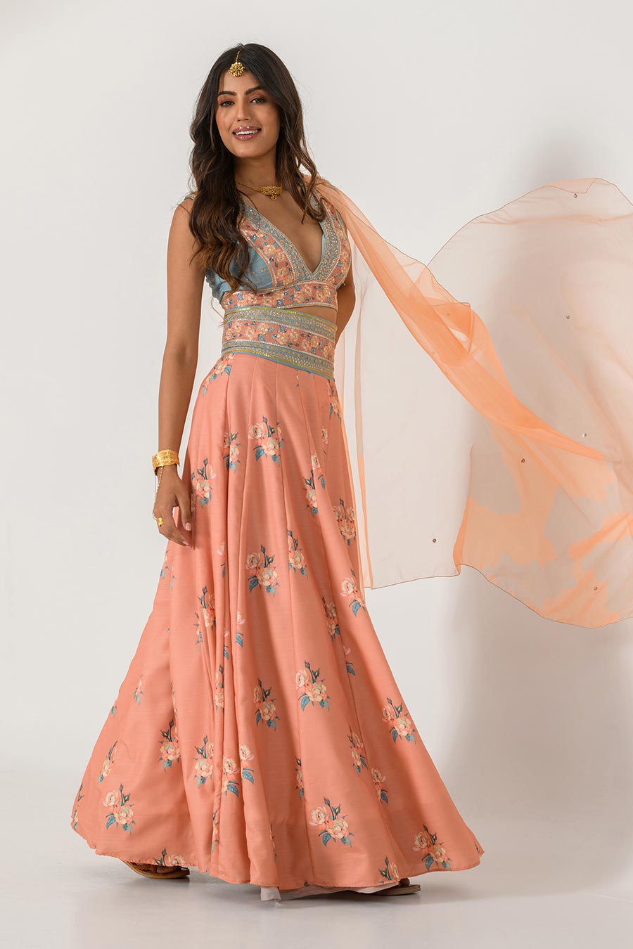 Orange Kali Embroidered Lehenga Set