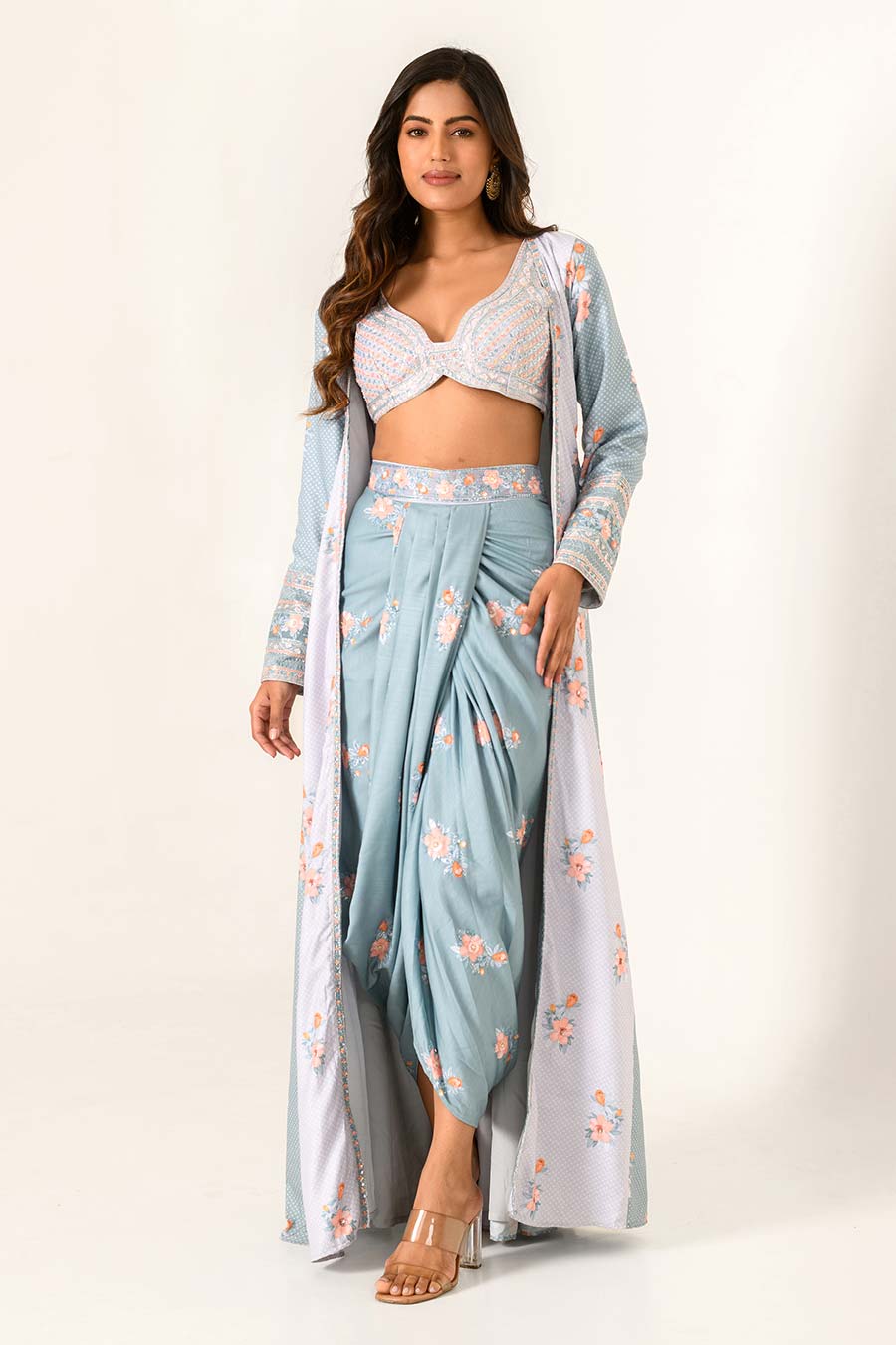 Blue Printed Bralette, Lungi & Cape Set