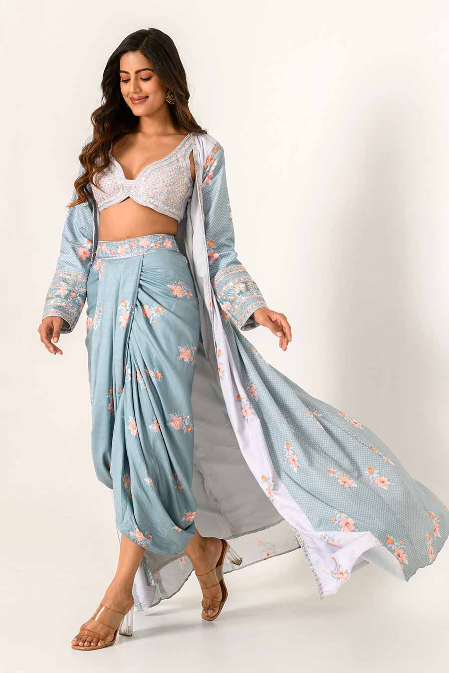 Blue Printed Bralette, Lungi & Cape Set