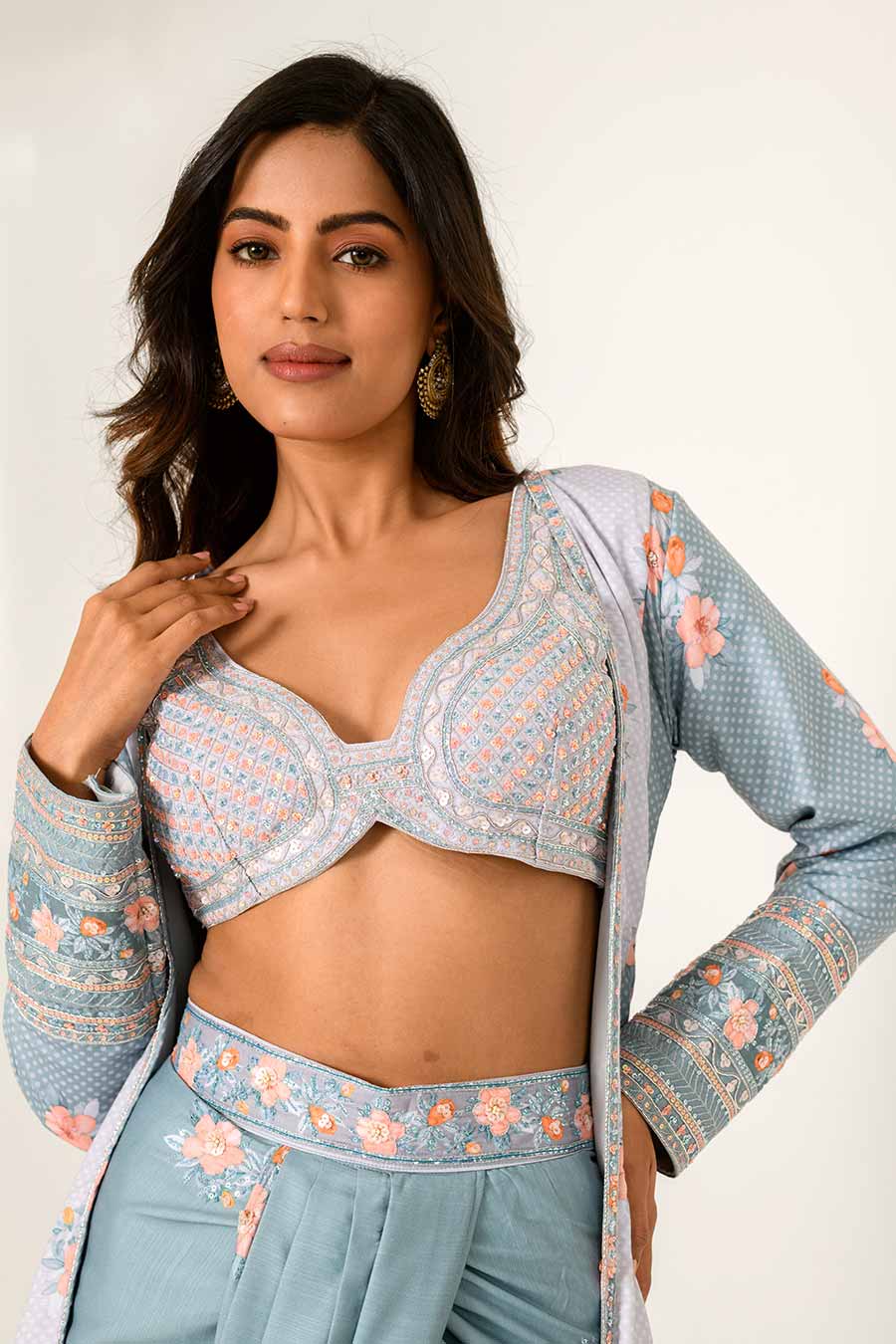 Blue Printed Bralette, Lungi & Cape Set