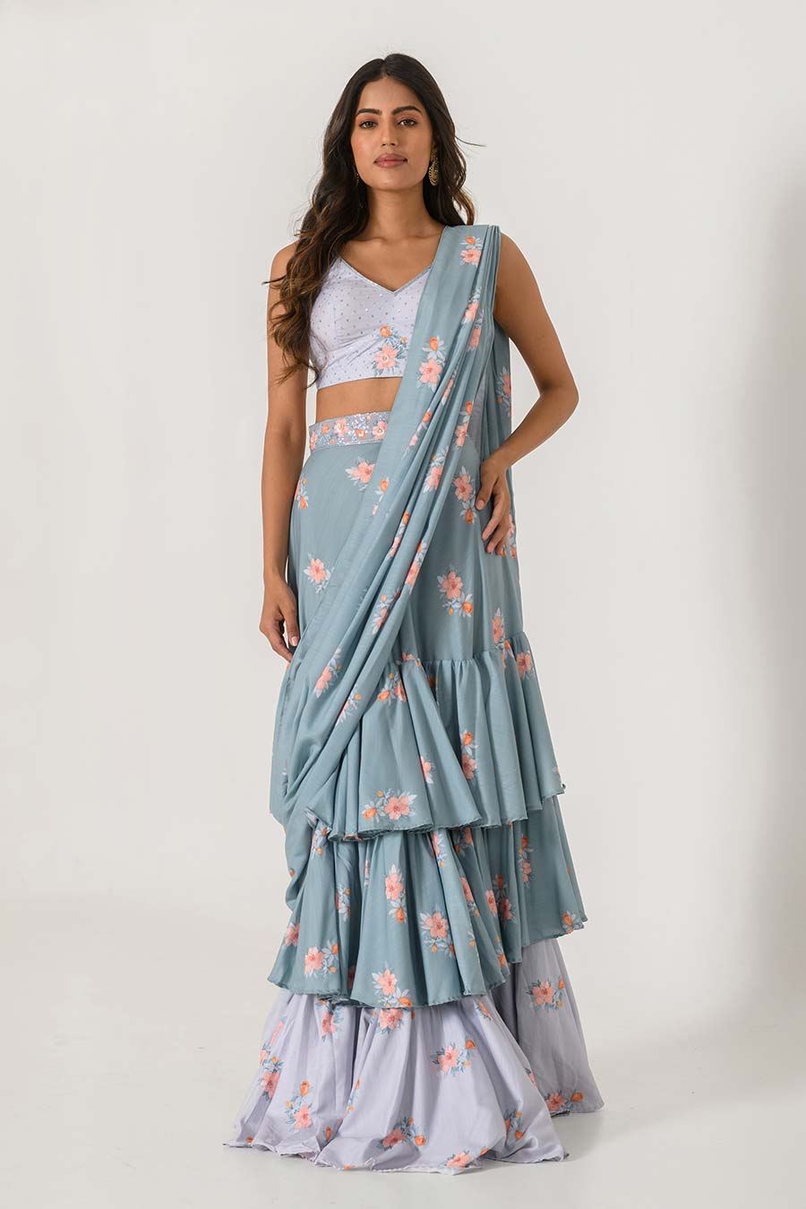 Blue & Grey Printed Ruffle Saree