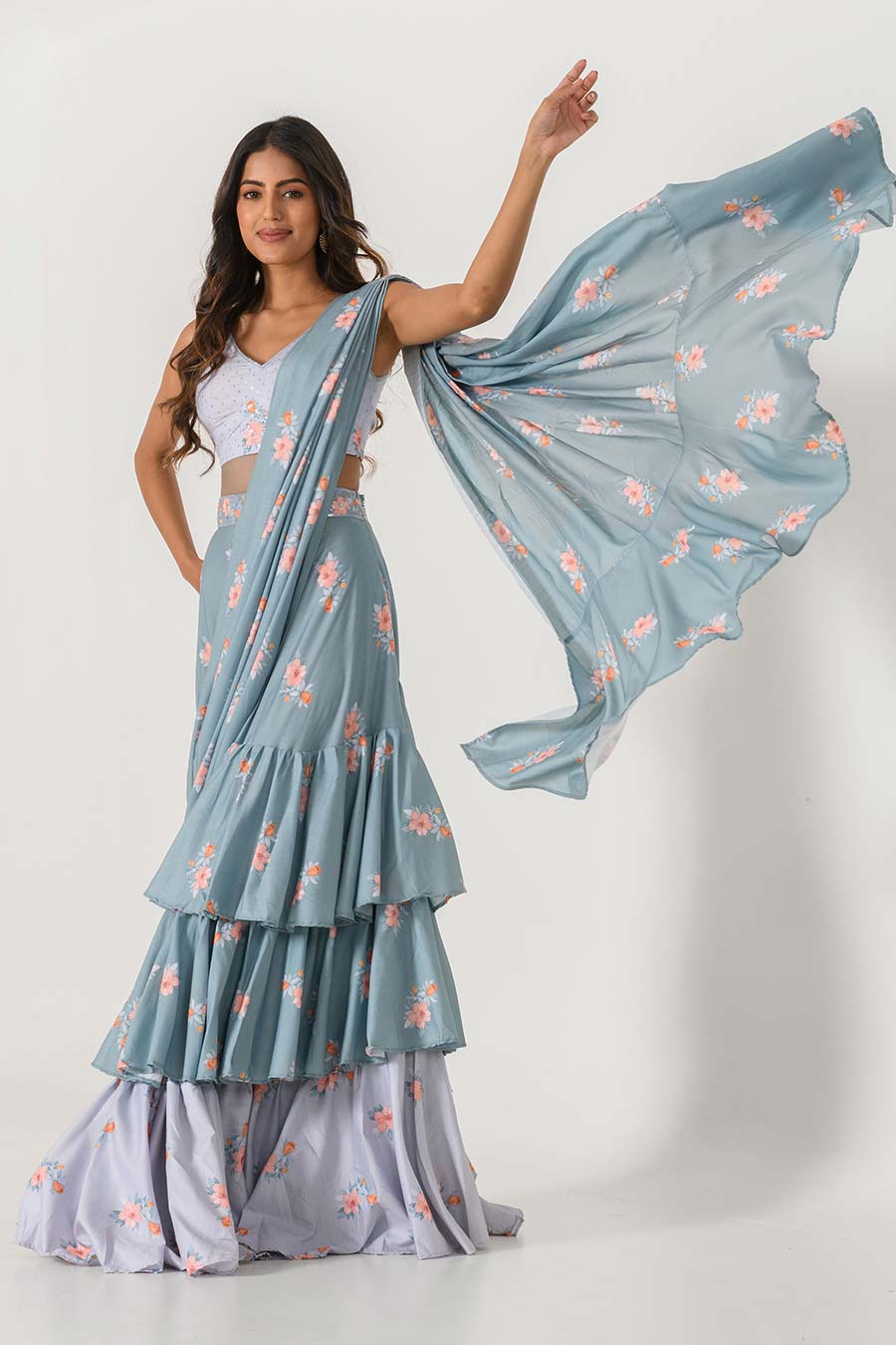 Blue & Grey Printed Ruffle Saree