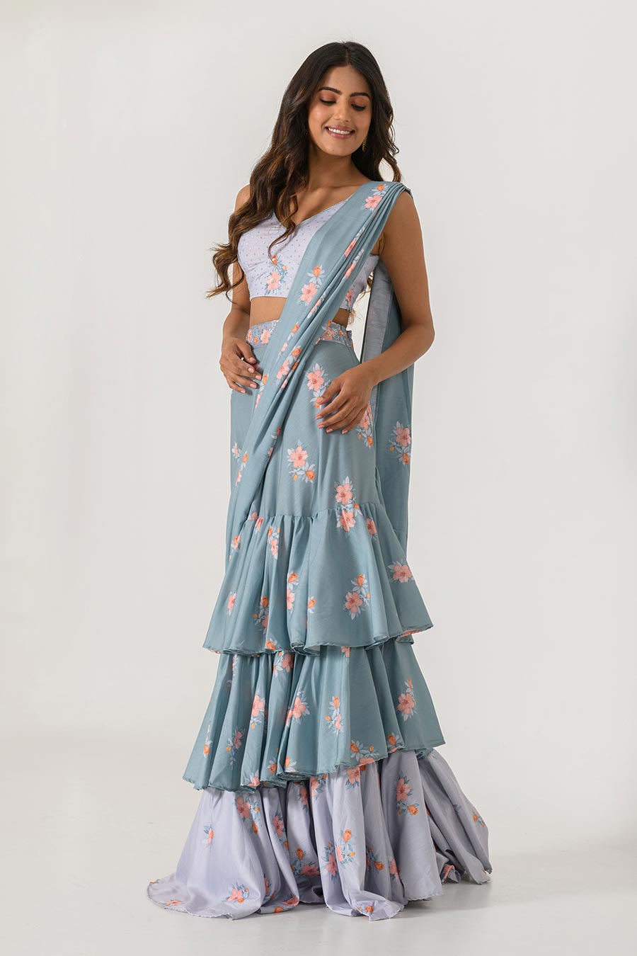 Blue & Grey Printed Ruffle Saree