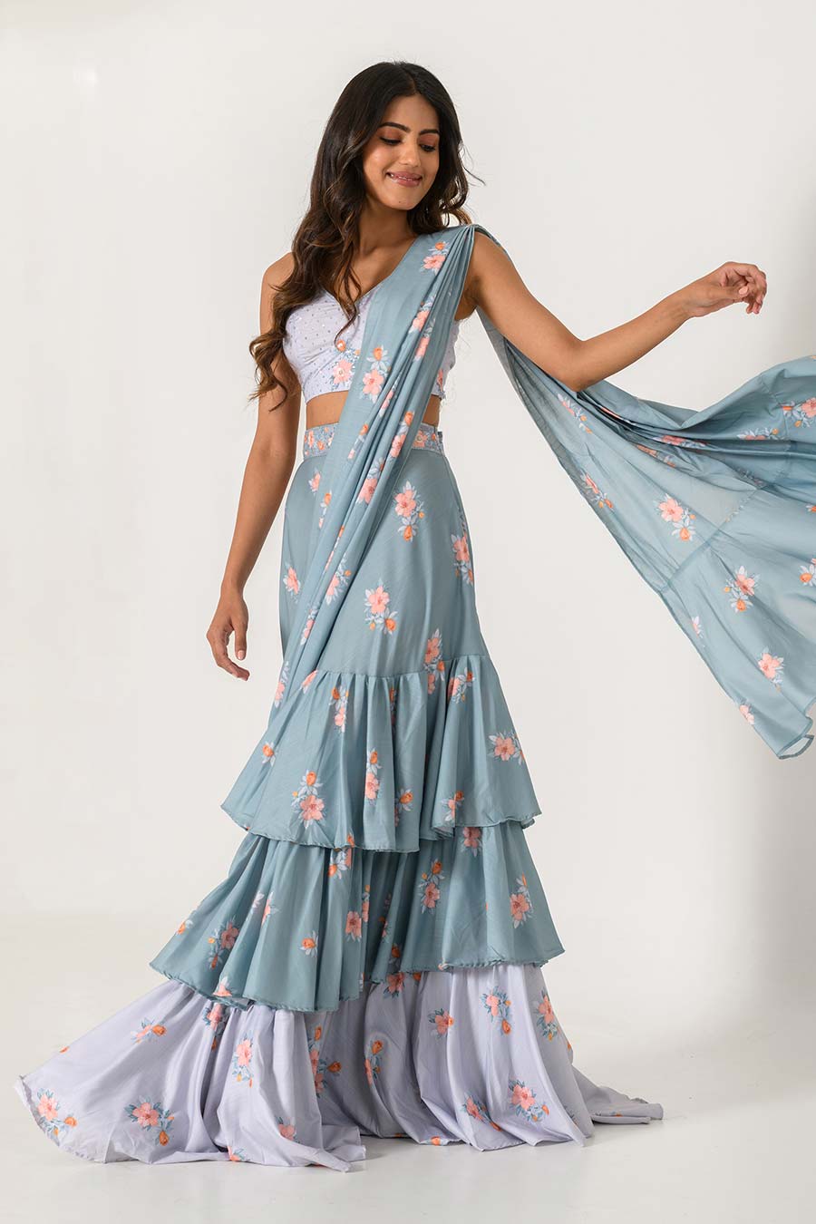 Blue & Grey Printed Ruffle Saree