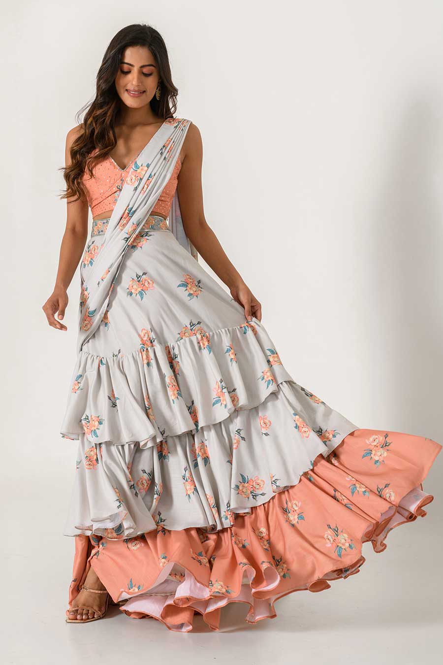 Orange & Green Printed Ruffle Saree