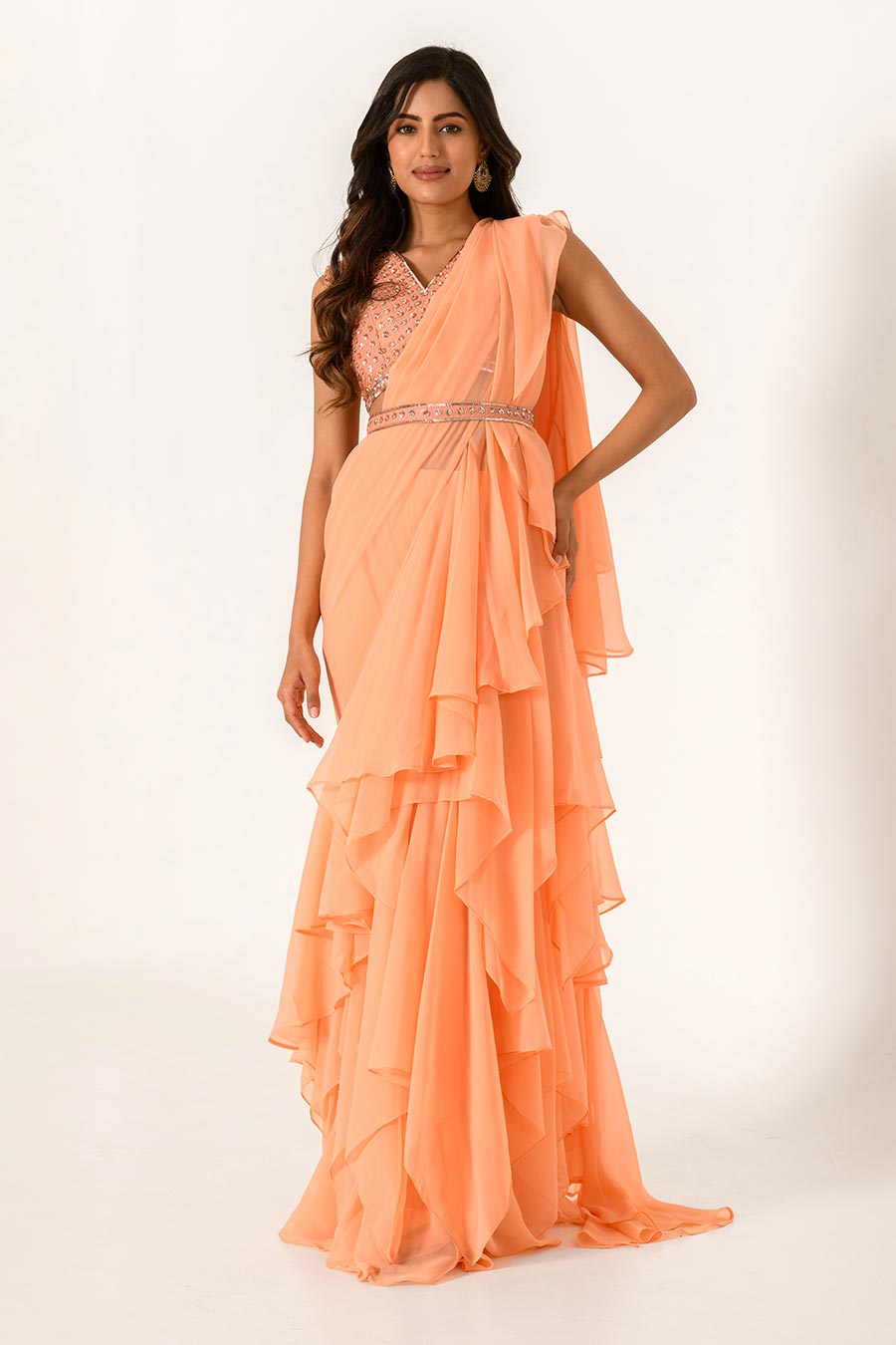 Orange Embroidered Ruffle Saree