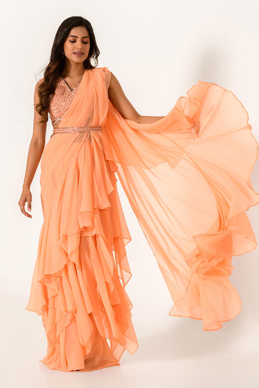 Orange Embroidered Ruffle Saree