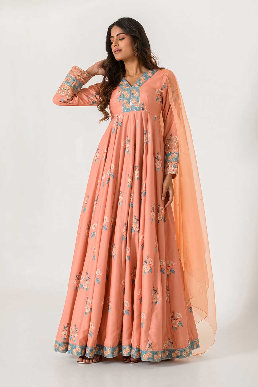 Orange Embroidered Anarkali Suit