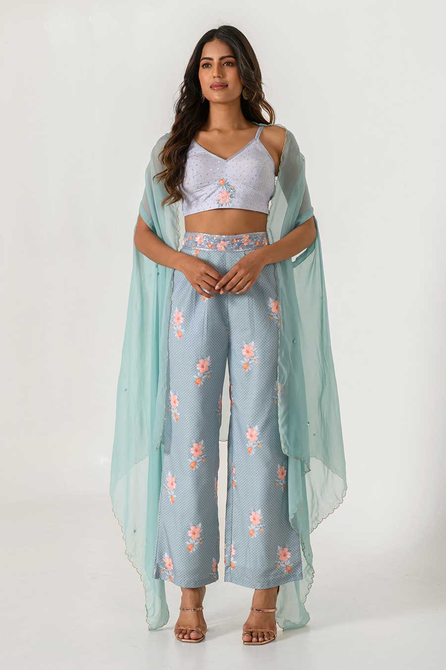 Blue Embroidered Cape, Top & Pant Set