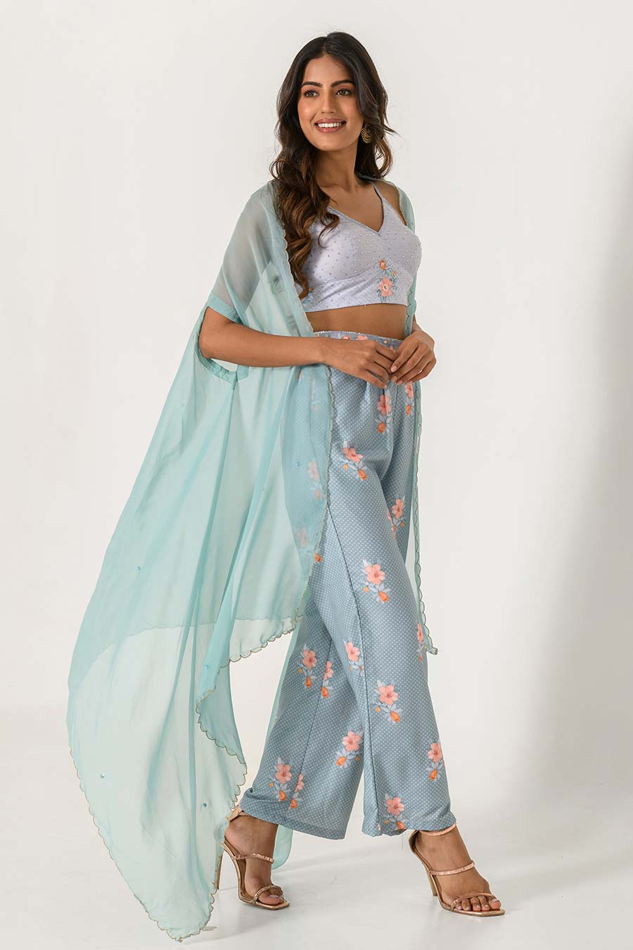 Blue Embroidered Cape, Top & Pant Set