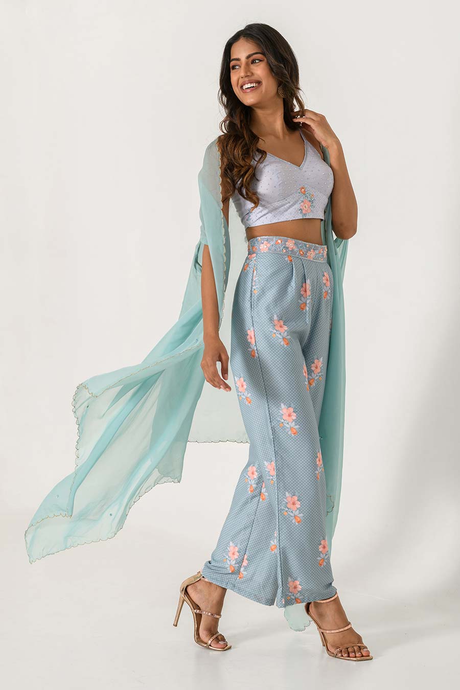 Blue Embroidered Cape, Top & Pant Set