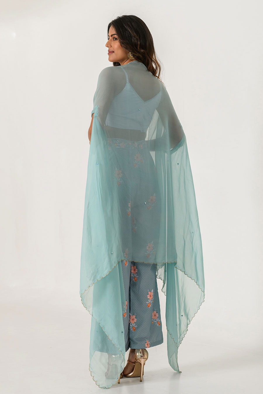 Blue Embroidered Cape, Top & Pant Set