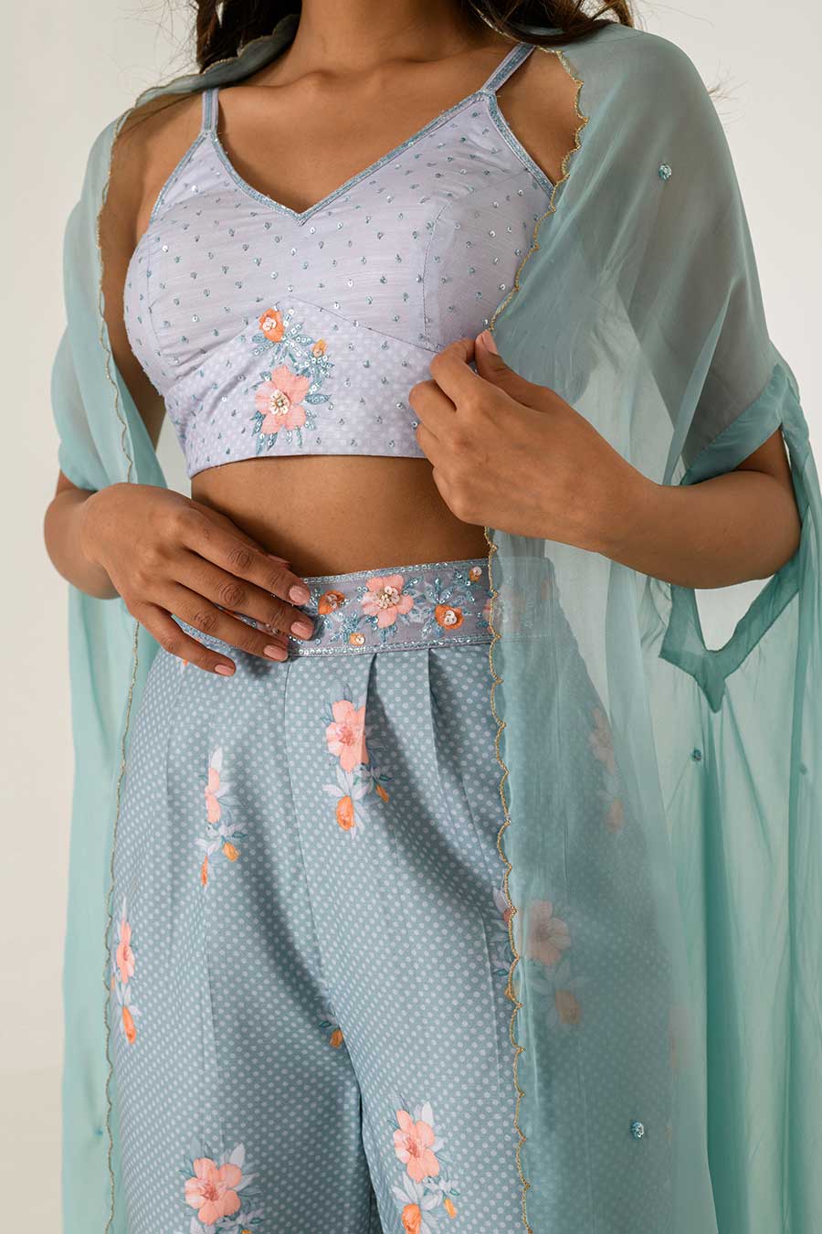 Blue Embroidered Cape, Top & Pant Set