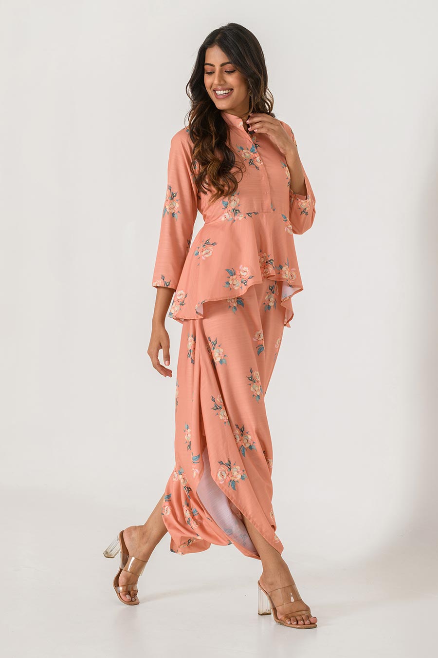 Orange Printed Peplum Dhoti Jumpsuit