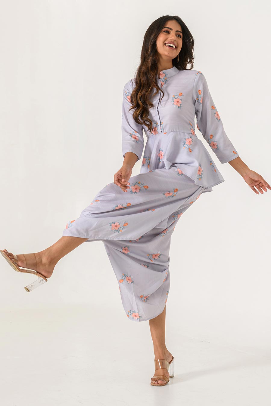 Grey Printed Peplum Dhoti Jumpsuit