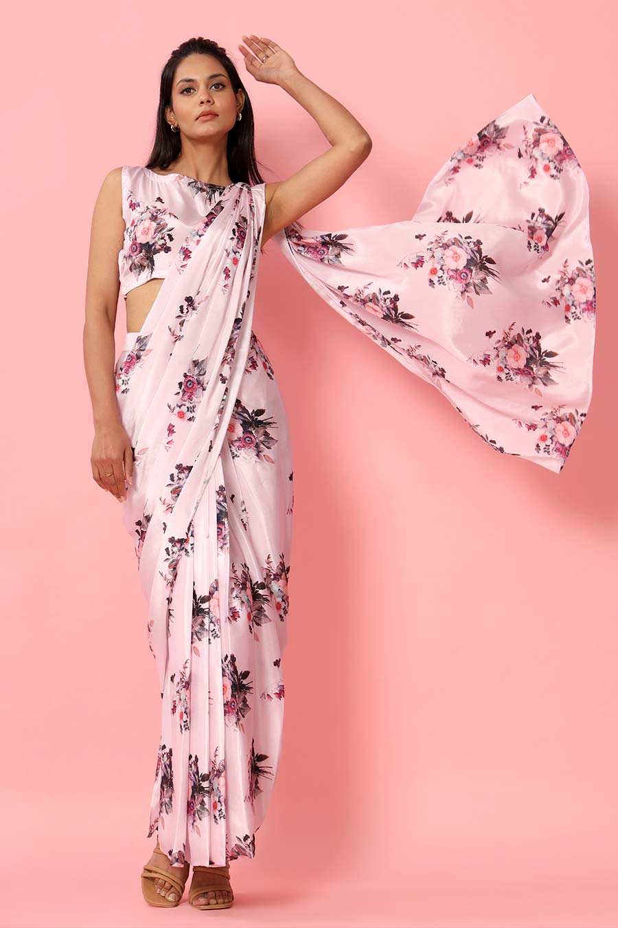 Blush Pink Printed Drape Saree Set