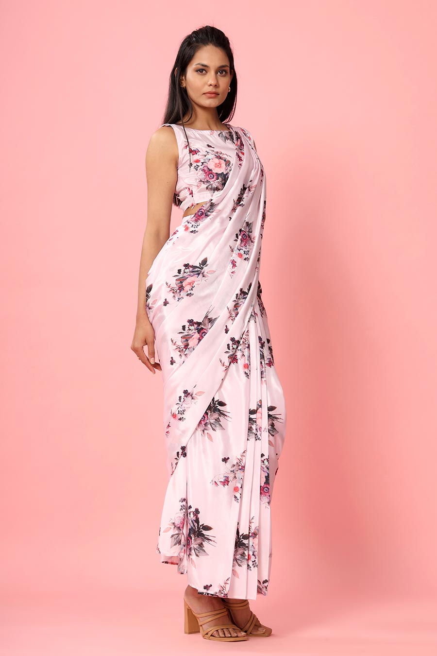 Blush Pink Printed Drape Saree Set