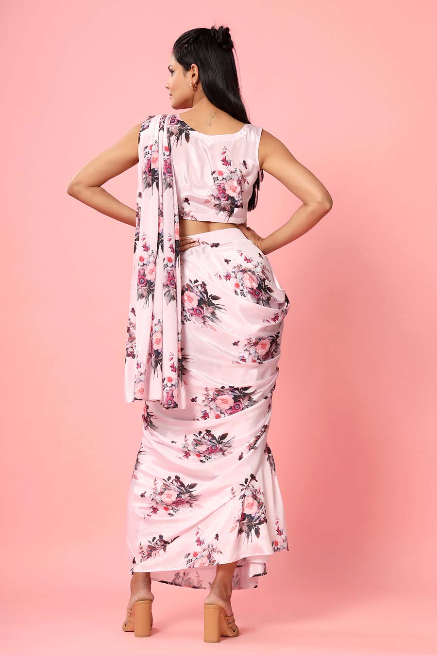 Blush Pink Printed Drape Saree Set