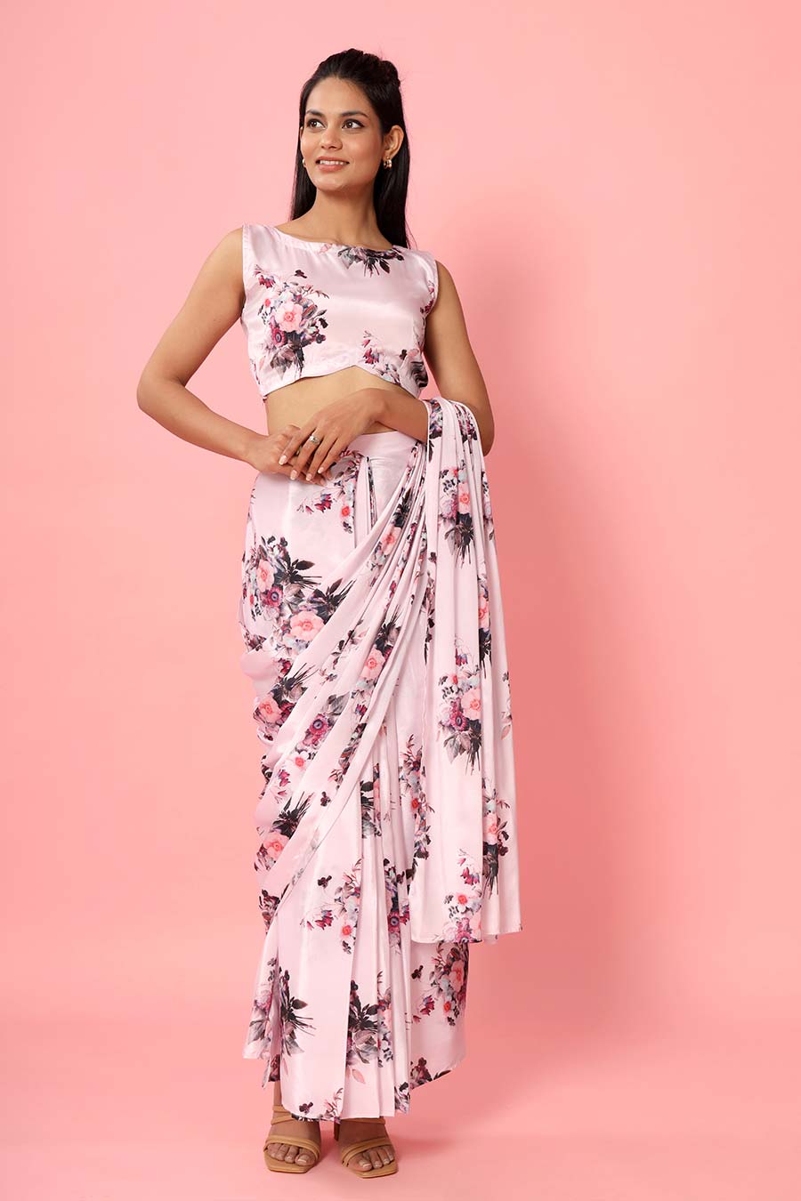 Blush Pink Printed Drape Saree Set