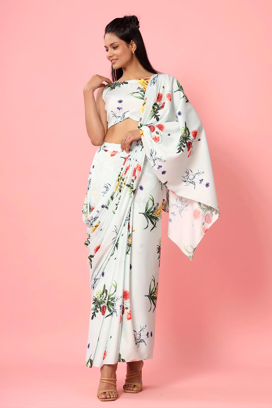 Blush Mint Printed Drape Saree Set