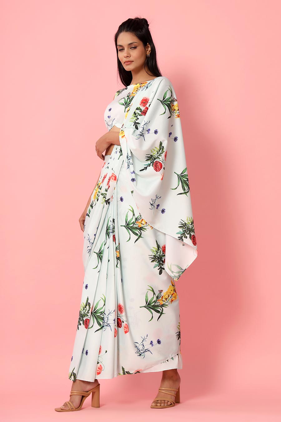 Blush Mint Printed Drape Saree Set