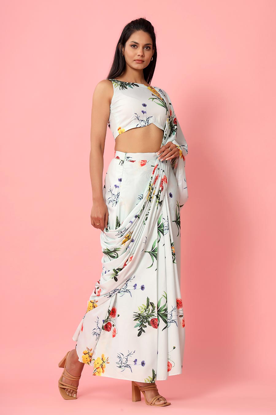 Blush Mint Printed Drape Saree Set