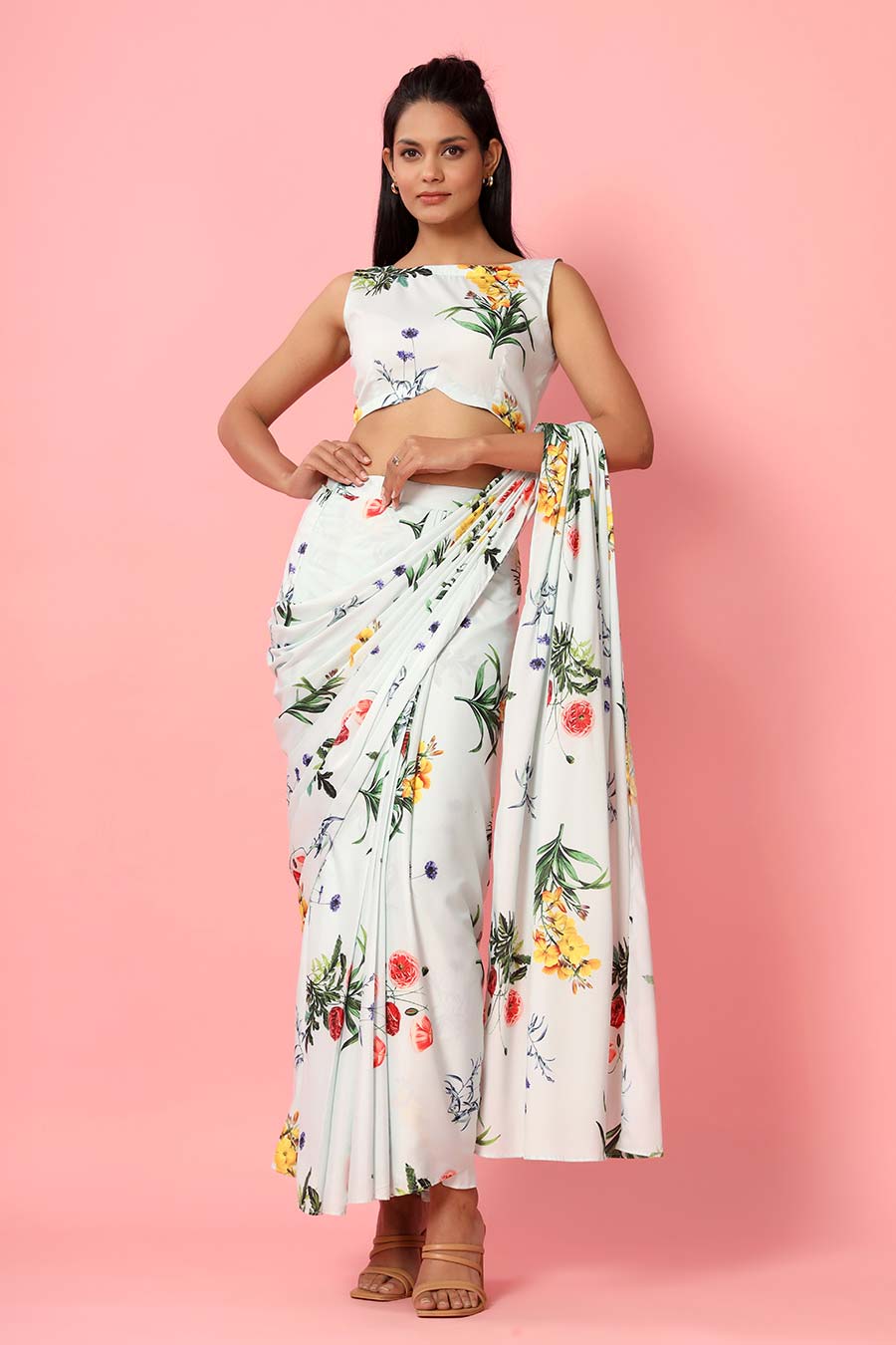 Blush Mint Printed Drape Saree Set