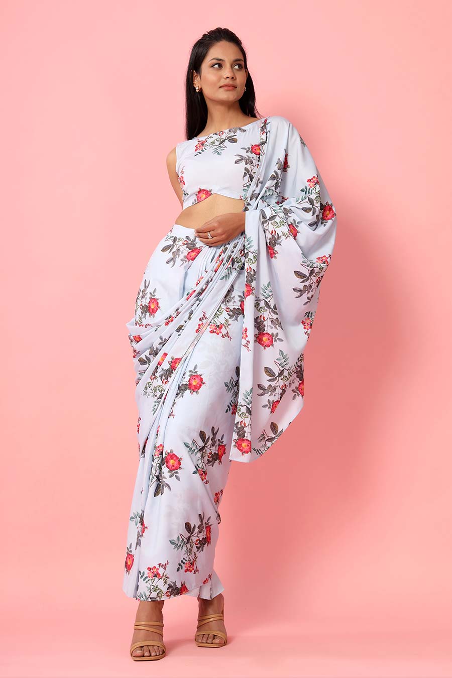 Blush Blue Printed Drape Saree Set