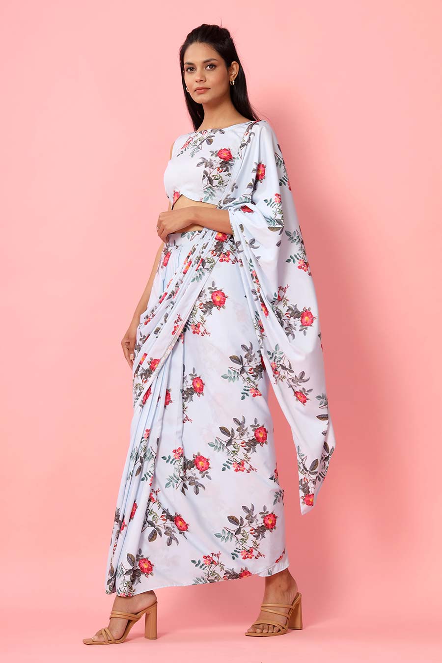 Blush Blue Printed Drape Saree Set