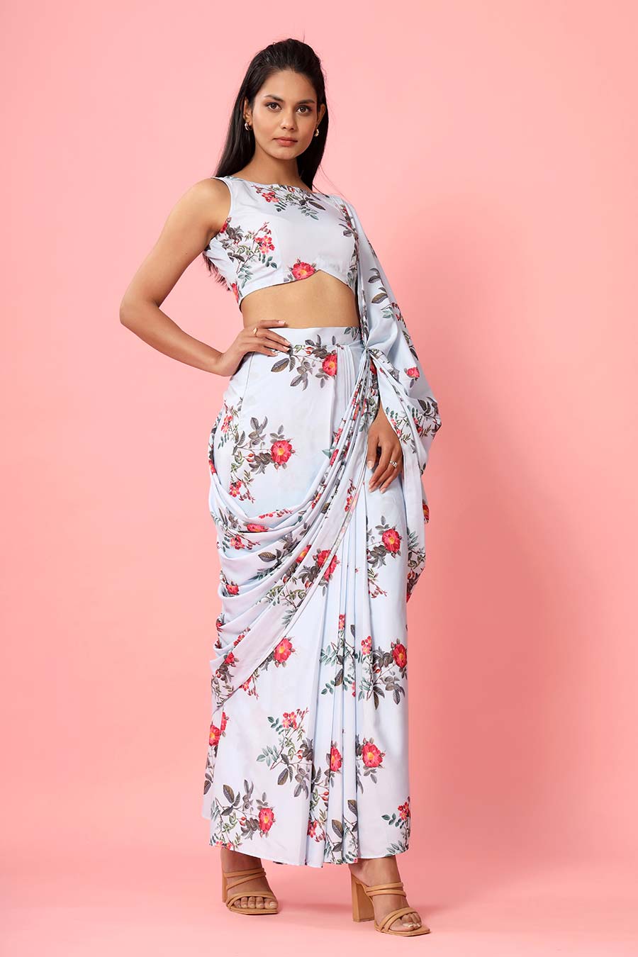 Blush Blue Printed Drape Saree Set