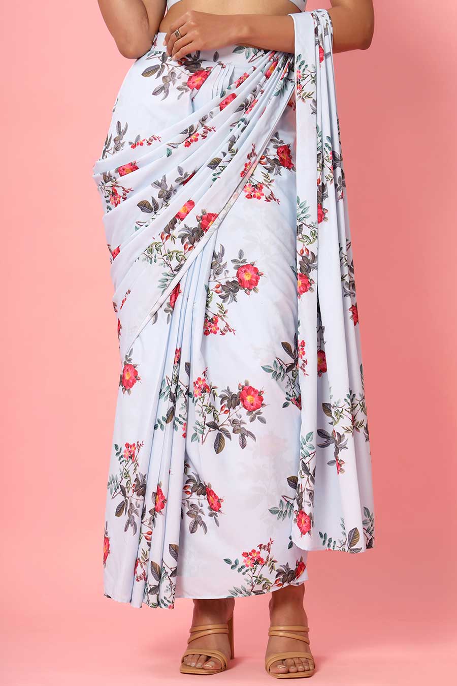 Blush Blue Printed Drape Saree Set