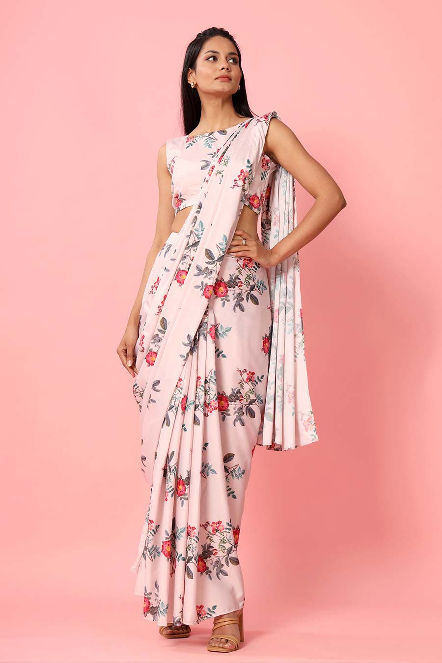 Blush Peach Printed Drape Saree Set