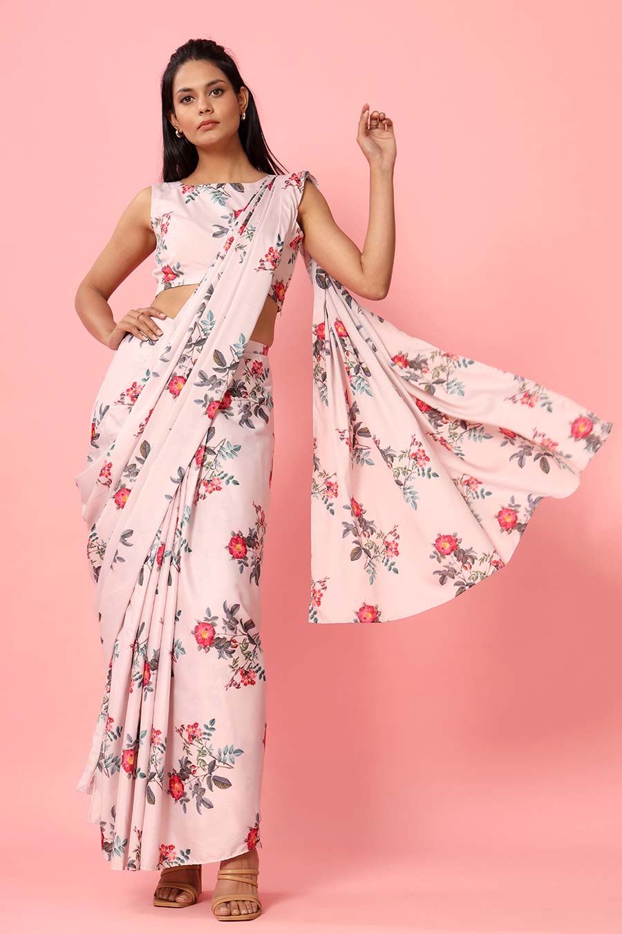 Blush Peach Printed Drape Saree Set