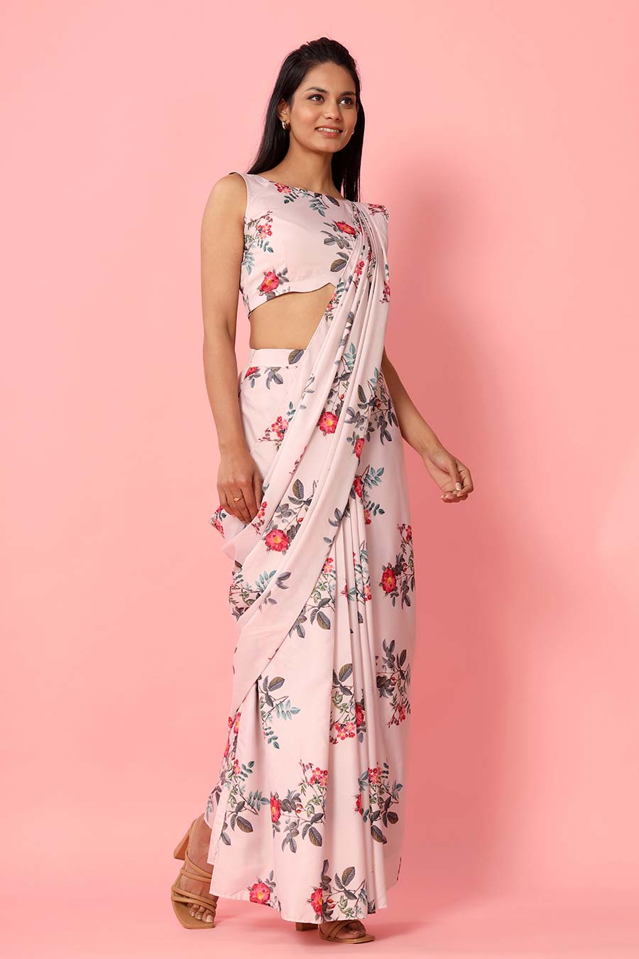 Blush Peach Printed Drape Saree Set