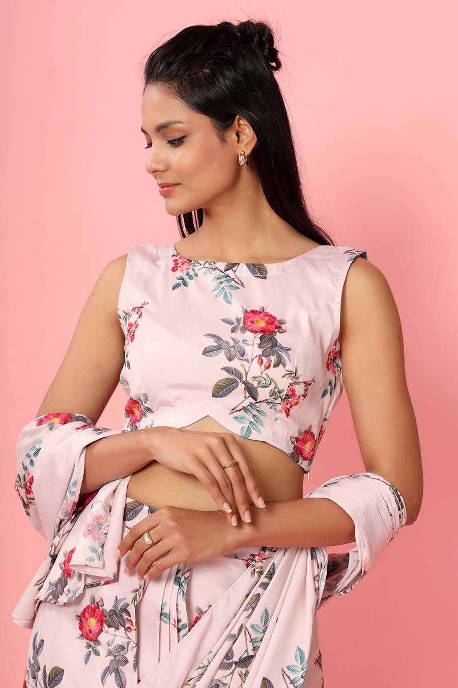 Blush Peach Printed Drape Saree Set