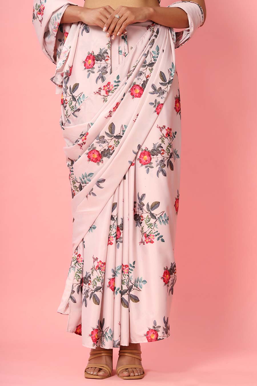 Blush Peach Printed Drape Saree Set