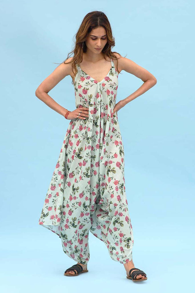 Shop Plunge floral print crepe jumpsuit | eShakti