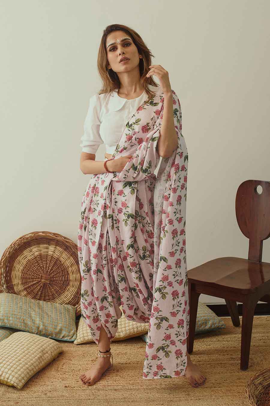 Soft Pink Striped Floral Dhoti Saree & Top Set