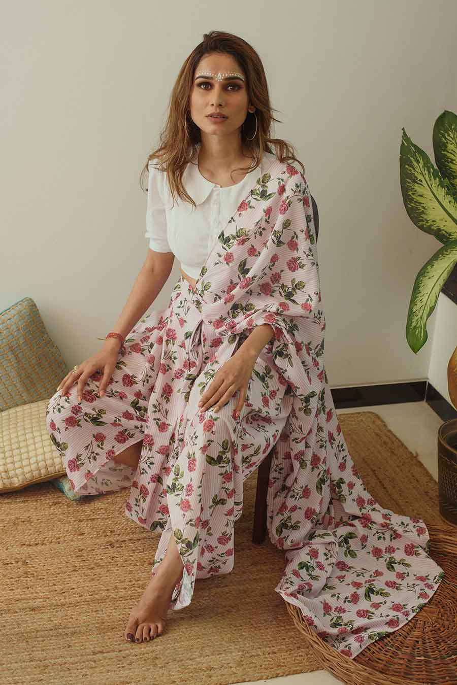 Soft Pink Striped Floral Dhoti Saree & Top Set
