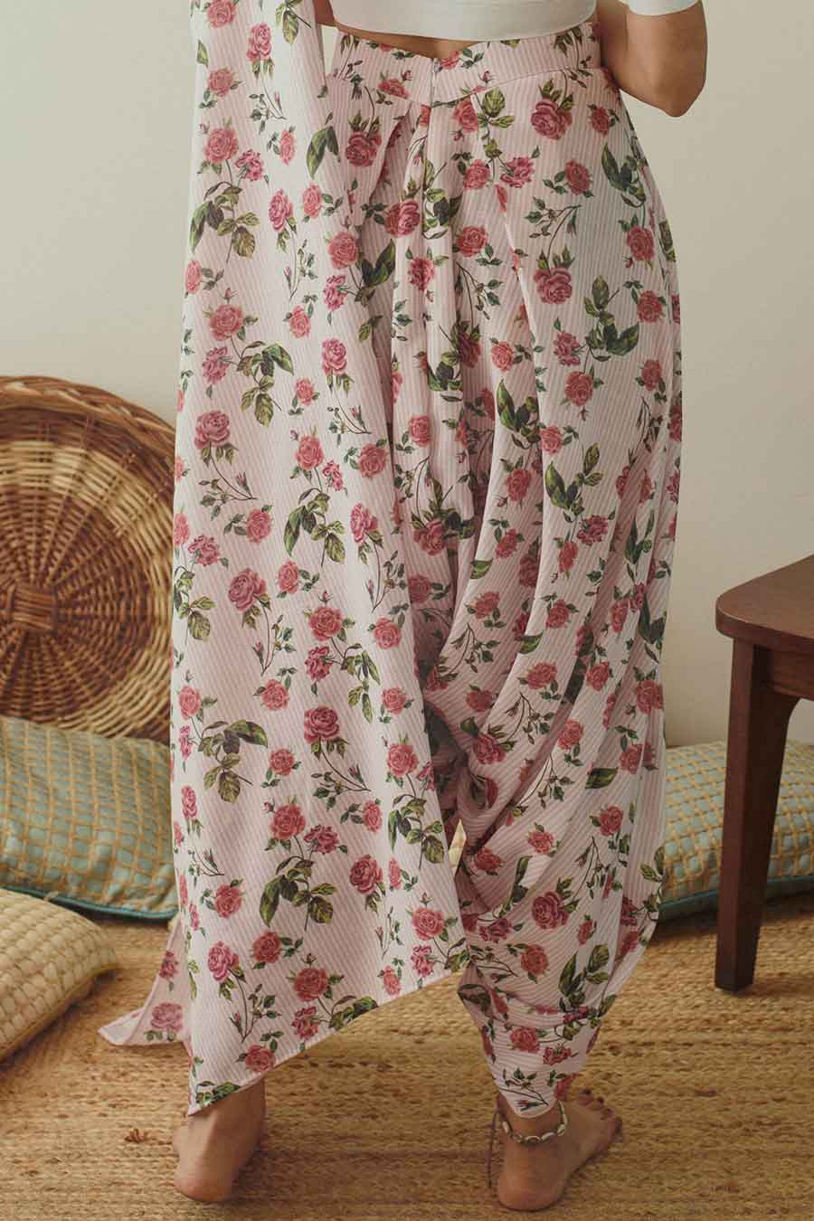 Soft Pink Striped Floral Dhoti Saree & Top Set